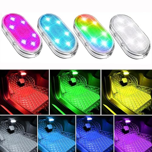 Wireless Car LED Lights Interior - 7 Color Ambient Lighting, Portable USB Rechargeable Car Interior Led Night Light (4PCS)