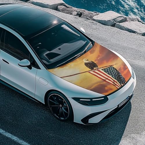 Image of Car Hood Cover Elastic Polyester Hood Wrap Patriotic Car Decor Exterior Accessories Eagle and American Flag Washable Universal Hood Covers for SUV Sedan