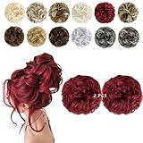 FeidyLong 2 PCS Messy Bun Hair Piece Wavy Curly Scrunchies Synthetic Chignon Ponytail Hair Extensions Thick Updo Hairpieces for Women Girls(Dark Red)