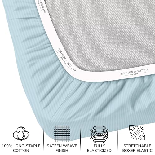 Image of Feather & Stitch 500 TC Split King Size Sheet Set, 5 piece Bed Sheets Set-2 Twin Fitted Sheet, 1 King Flat Sheet & 2 King Pillowcases, 18 inch Deep Pockets Sateen Weave Striped Bedsheet - (Aqua Stripe)