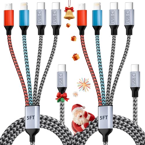 USB C 4 IN 1 Multi Charging Cable, Travel Essentials with Dual Type-C/Micro/IP Port, 2 Packs 5FT Nylon Multiple Charger Cord for iPhone 17 Pro Max/17 Air/16/15/14, Galaxy S25, iPad, Andorid and More