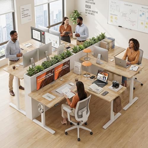 Image of Grandder 75 x 61 Inch L Shaped Standing Desk, Electric Height Adjustable Corner Stand Up Desk, Sit Stand Corner Table Home Office Table, Oak Top White Frame