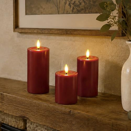 Image of Yeelida Remote Flameless Flickering Pillar Candles with Candle Grease Effect,Pack of 3 Burgundy LED Battery Oprated 2 /4 /6 /8 Hours Timer Real Wax Electric Candles(3x4,5,6 Inches)