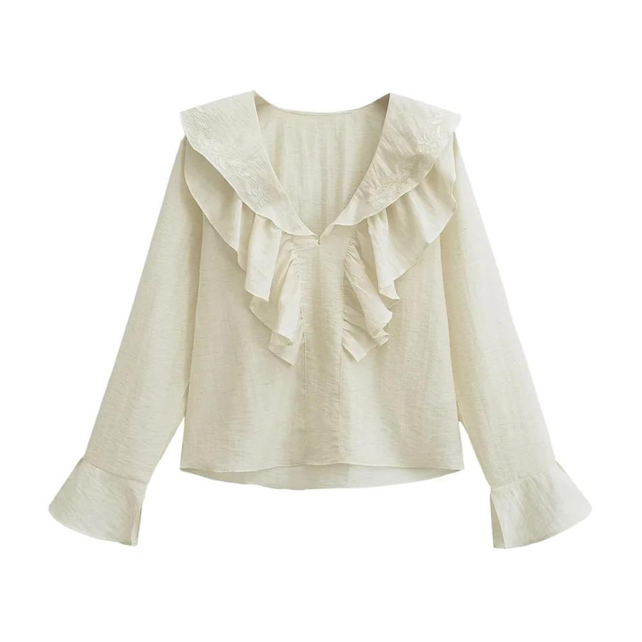 Camisa de manga larga con bordado blanco con volantes para mujer