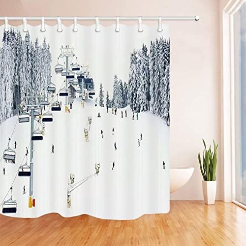 Duschvorhang Set – Berge & Alte Snowboard Motive, Wasserabweisend, 167x183 Cm