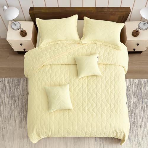 Image of Oversized Queen Bedspread, Geometric Diamond Stitched Quilt Set Queen, Lightweight Reversible Coverlet, Straight Edge - Soft Modern Look, 5 Piece, Ivory Yellow