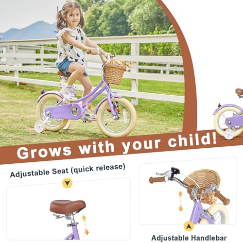 Image of Glerc Little Molly 12-20 Inch Kids Retro Cruiser Bike for 2-13 Year Old with Wicker Basket & Training Wheels /Kickstand, Multiple Colors