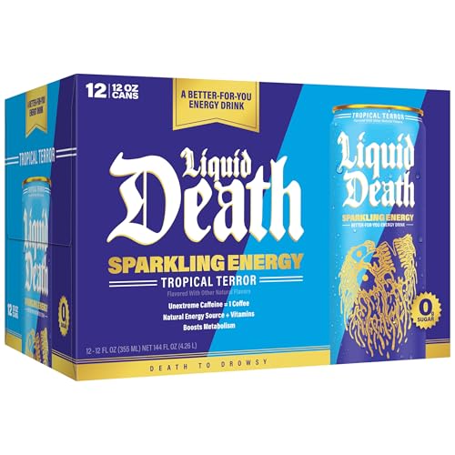 Image of Liquid Death Sparkling Energy - Tropical Terror (Classic Pina Colada), Zero Sugar Energy Drink, Unextreme Caffeine 100mg, Essential Vitamins, 12 Fl Oz (Pack of 12)