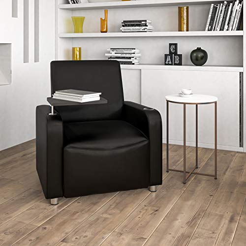 EMMA + OLIVER Black LeatherSoft Tablet Arm Chair, Chrome Legs and Cup Holder