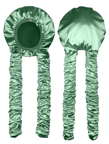 Vettres Heatless Curl Satin Bonnet for Sleeping No Slip Sleep Bonnet with Long Curling Ribbons for Braids & Long Hair Green