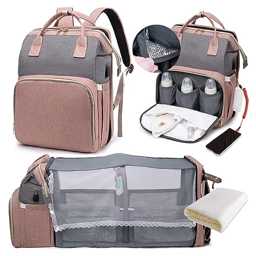 ZIROXI Con Cuna Mochila Carro Bebe, Cambiadora Con Cuna Mochila Para Carro Bebe Conexión Usb Mochila Maternal Para Mujer Y Hombre (Unisex),PinkGray