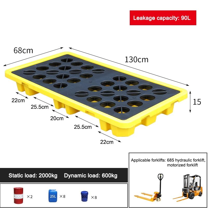 PFCDZDU Drum Containment Spill Pallet, Industrial Stackable Oil Drum/Paint Bucket Storage Tray with Drain, Detachable Modular Shipping Platform for Garage Storage(Yellow-2pcs,130x68x15cm-A)