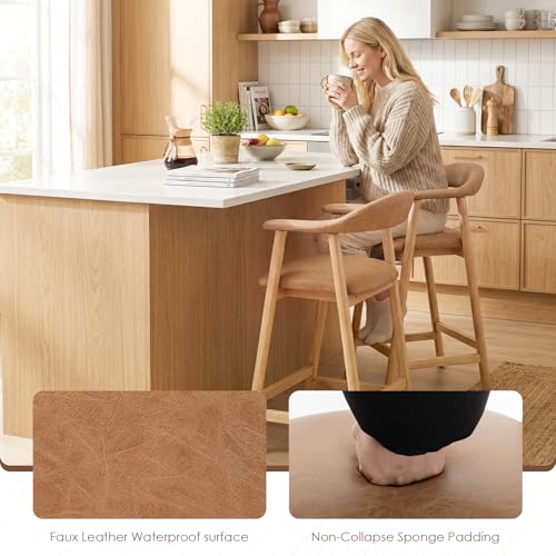 Image of 26 inch Bar Stools Set of 2, Upholstered Counter Stools, Modern Faux Leather Counter Height Bar Chairs with Backs and Arms, Wood Legs and Footrest, for Kitchen Counter, Island, Dining Room, Brown