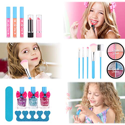 KIZSBRO 21pcs Kids Makeup Kit for Girls, Kids Play Washable Makeup Set with Frozen Cosmetic Case, Eyeshadow/Lip Gloss/Blush, First Princess Little Starter Kit Toys for 3 4 5 6 7 8 9 10 Year Old Girls