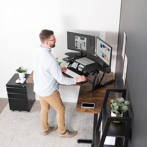 Image of VIVO Black 43 inch Corner Desk Converter, DESK-V000VC | Large, Height Adjustable, Stand Up Desk Riser, Wide Keyboard Tray, Standing Dual Monitor and Laptop Workstation, V Series