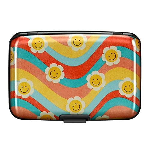 Image of Elfish Mini RFID Aluminum Wallet Credit Cards Holder Business Card Case Metal ID Case for Men Women, Smile Flower