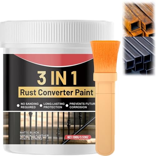 3-in-1 Rust Converter Paint Metal Primer, Water-Based Rust Reform for Cars, Fences Outdoor Metal, Heat & Scratch Resistant Protective Coating, Black Paint (1Pcs)