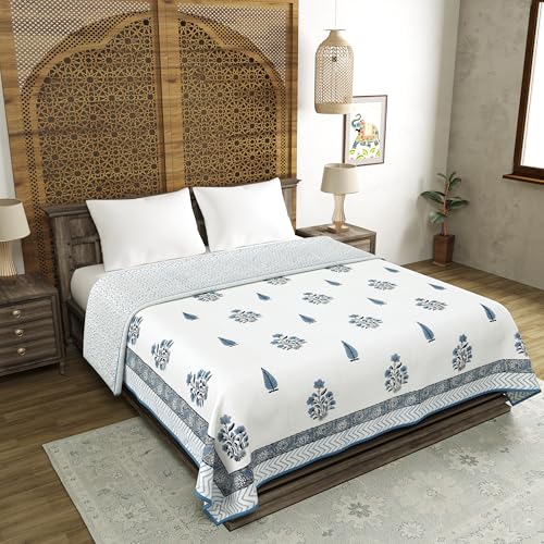 Image of BLOCKS OF INDIA 100% Cotton Dohar King Size Reversible Hand Block Printed Malmal Summer Dohar /Blanket (Color 10)
