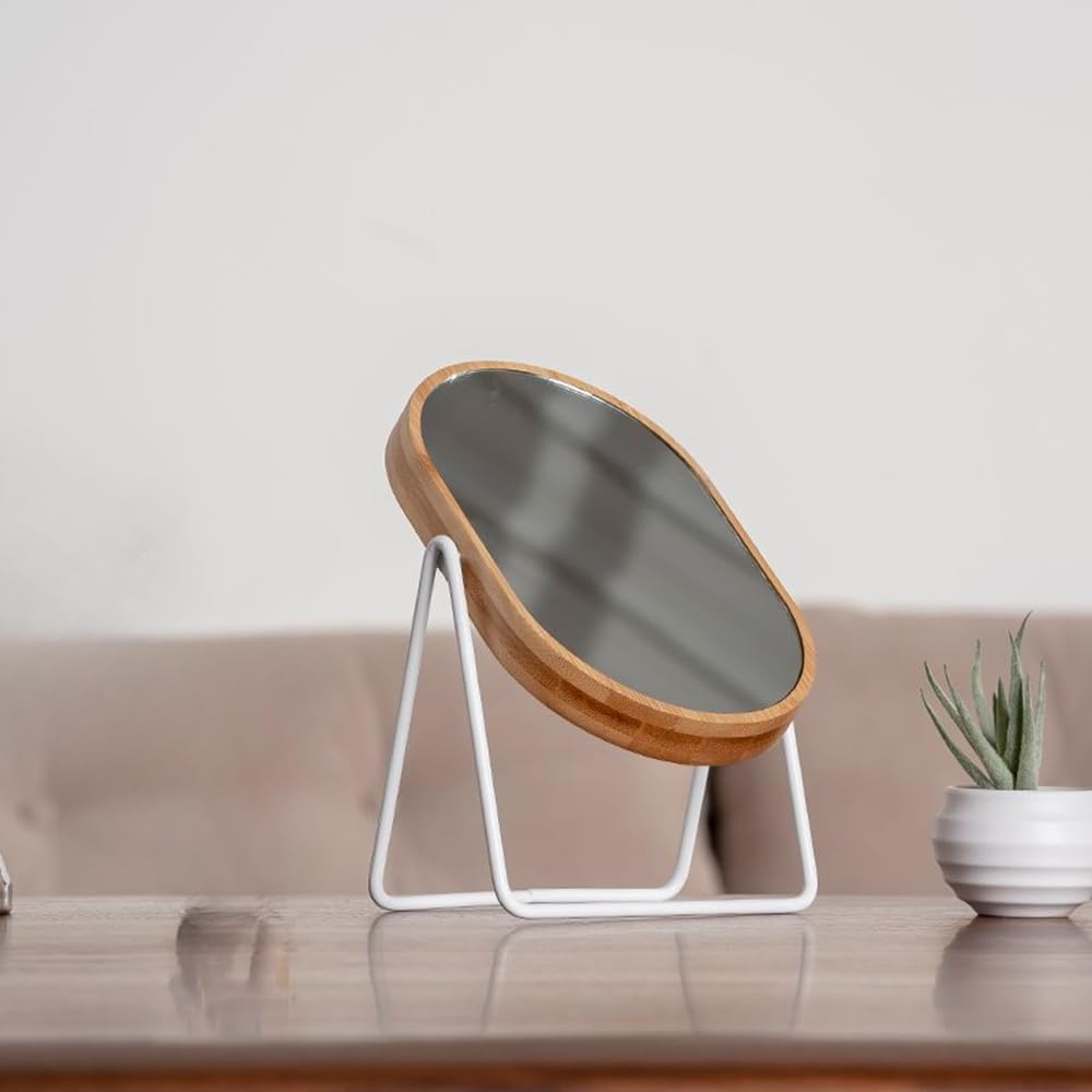 Oval Desk Mirror with Bamboo Frame, Black White Rack Standing Mirror, 360° Tabletop Mirrors, 7.5" L x 5 "W Make Up Mirrors (White)-image-13