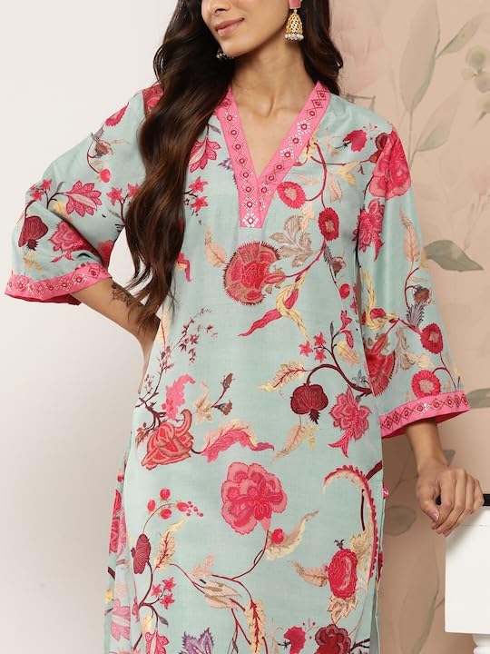 Image of Varanga Women's Blended Relaxed Fit Floral Printed Sequinned Detail A-line Kurta - Elegant and Stylish Ethnic Wear
