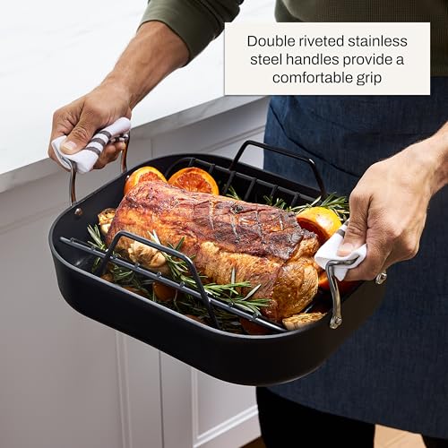 Image of All-Clad Essentials Hard Anodized Nonstick Roaster with Rack 11x14 Inch Oven Broiler Safe 500F Roaster Pan, Pots and Pans, Cookware Black