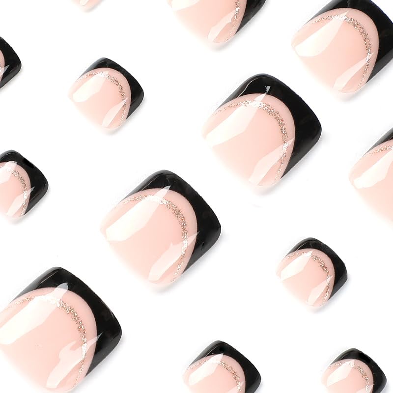 Miniatura 4 de Puntas francesas negras a presión en uñas de los pies con purpurina dorada, puntas de uñas postizas brillantes cortas cuadradas acrílicas para las