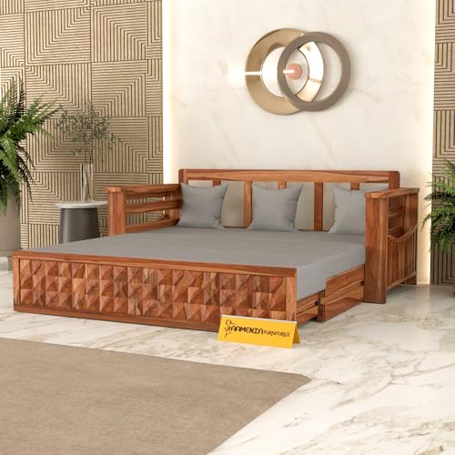 Image of Mamta Furniture Solid Sheesham Wood Sofa Set 3 Seater Furniture Wooden 3 Seater Sofa Cums Bed for Home Living Room with Cushions (Honey with Grey, 3 Seater Design 2)
