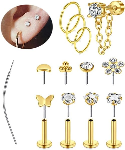 MODRSA 20g 16g Cartilage Earrings for Women Silver Gold Helix Piercing Jewelry Surgical Steel Hypoallergenic Flat Back Earrings Cartilage Hoop for Women Forward Helix Earring Tragus Jewelry Screw Back