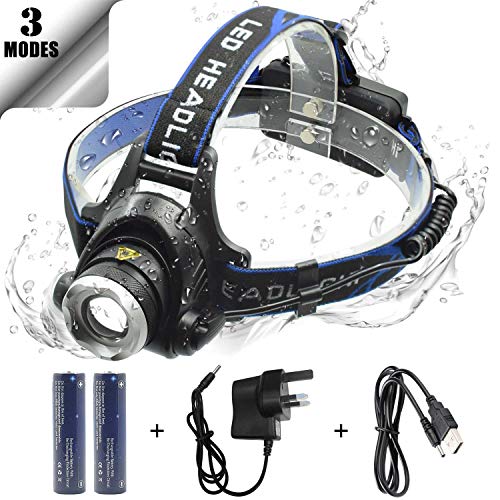 WASAGA Lampe Frontale, 2000 lumens 5000 lumens Lampe de Poche réglable pour Phare à Del réglable et Rechargeable étanche étanche idéal pour Courir, Promener Son Chien, Camper, Lire