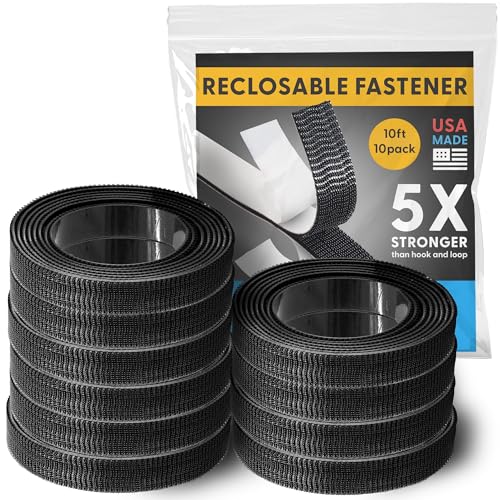 Image of Industrial Strength - 10FT 10 Pack Black Indoor /Outdoor Adhesive Mounting Tape - Self Mating Reclosable Fastener Compatible with 3M SJ3550 / SJ3560 Dual Lock