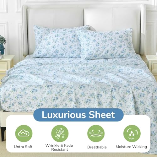 Image of MUXHOMO TwinXL Size 4 Piece Sheet Set, Soft Breathable Bed Sheet Set for Bedroom with Deep Pocket Up to 16 inch, Wrinkle-Free & Cooling Bedding for Oeko-TEX Certified - Blossoms Light Blue