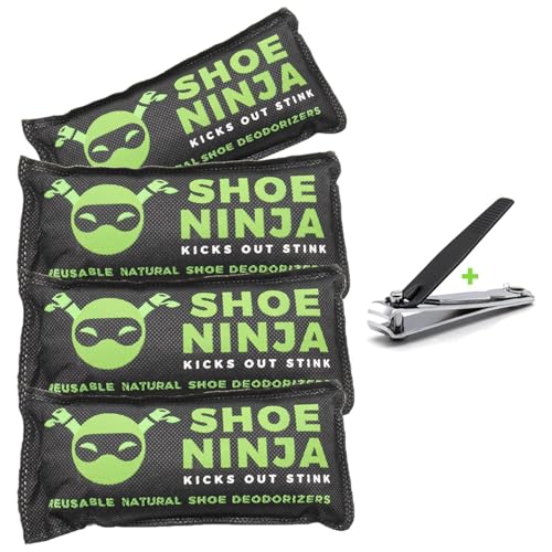 Shoe Ninja Shoe Deodoriser - Shoe Odour Eliminator with Activated Charcoal, Versatile and Reusable Deodoriser Bags for Shoes, Football Boot Deodoriser and Shoe Smell Remover, Great for Sports - 4pk