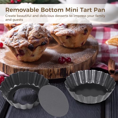 16 PCS Mini Removable Bottom Tart Pans, 3 in Nonstick Carbon Steel Fluted Cake Molds, Flower Shape Mini Pie Pans, Baking Cups for Tarts, Pudding, Brownies, Mini Quiche - Image 4