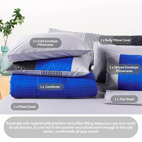 Rynghipy 8Pcs Blue And Grey Stripe Comforter Set Full Size, Ultra Soft Microfiber Filling Patchwork Comforter Duvet, Bed Sheets And Pillowcases (Full,Blue Grey) #TOP3
