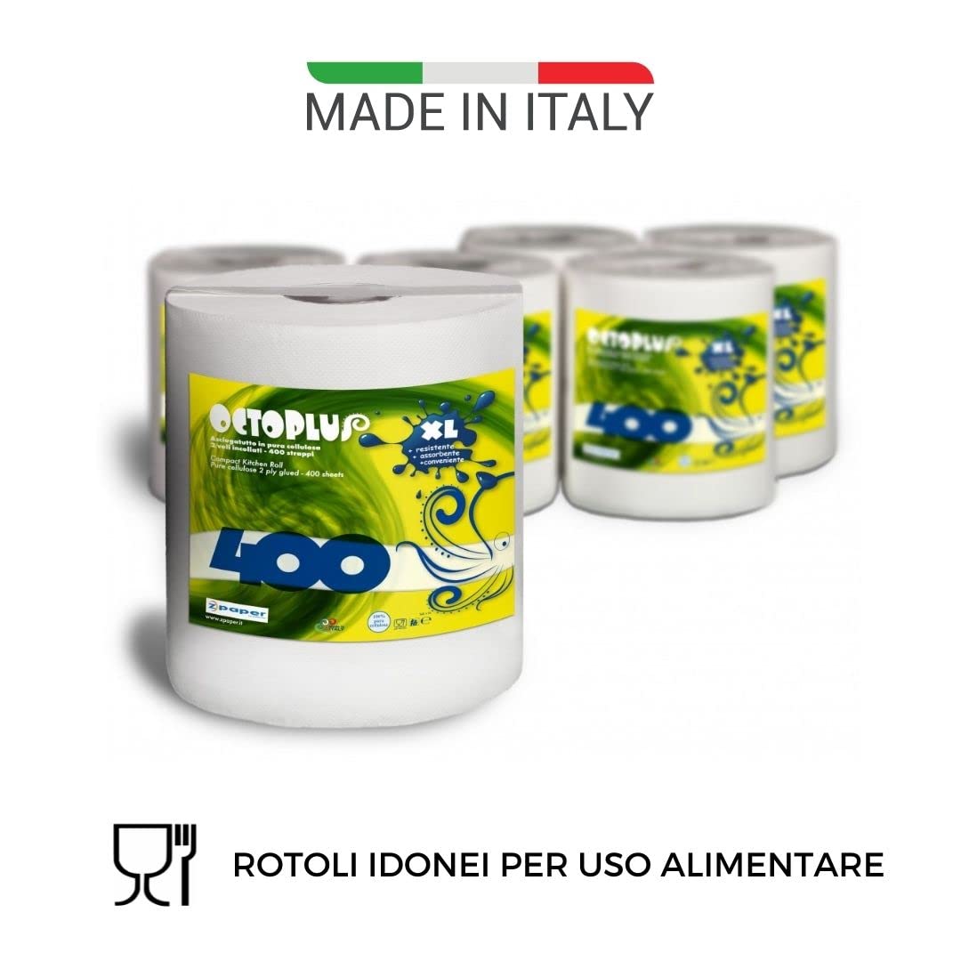 ZPAPER - 6 Monorotoli OCTOPLUS 2400 Strappi totali - Rotoli Asciugatutto 400 strappi con Maniglia carta 100% Pura Cellulosa 2 Veli Bobina Asciugamano. Scatolati