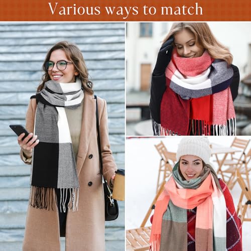 Coume 6 Pcs Women Scarf Women Winter Warm Long Soft Plaid Tassel Buffalo Scarf Blanket Large Knit Tartan Wrap Shawl Gift4