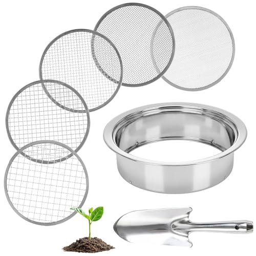 Dexpally 5-en-1 Tamis de Jardinage en Acier Inoxydable,Tamis à Sable avec Mailles Ø 1, 3, 6, 9 et 12 mm,Inclut 1 Pelle à Main pour Terre, Pierres, Compost,...