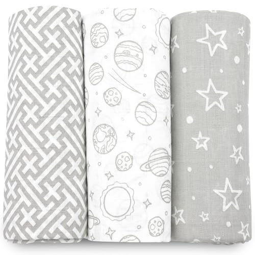 Image of Bublo Baby Muslin Swaddle Blankets, Swaddle Blanket for Baby Boys and Girls, 3-Pack Breathable Premium 100% Cotton Baby Receiving Blankets, Exta Large Size 47x47 Inches, Grey