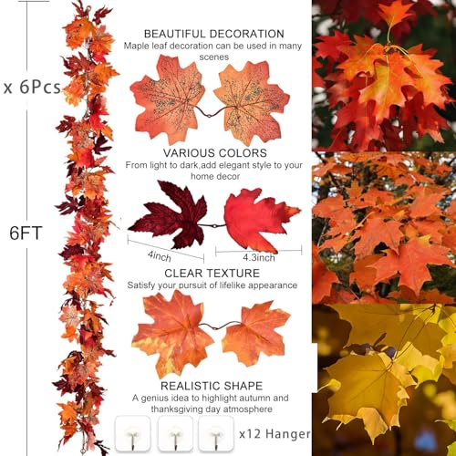 DearHouse 6 Pack Fall Garland Maple Leaf Clearance, 5.9Ft/Piece Hanging Vine Artificial Autumn Garland Thanksgiving Decor for Home Wedding Fireplace Party Christmas (Red) by DearHouse - Image 2