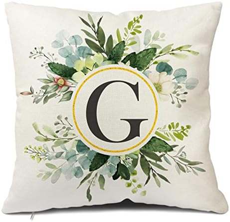 Snycler Monogram Letter G Throw Pillow Covers Floral 18x18 Inch, Greenery Spring Pillows Decorative Throw Pillows Pillowcase Summer Farmhouse Decor for Couch Sofa, Family Last Name Initial Pillow Case