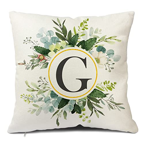 Snycler Monogram Letter G Throw Pillow Covers Floral 18X18 Inch, Greenery Spring Pillows Decorative Throw Pillows Pillowcase Summer Farmhouse Decor For Couch Sofa, Family Last Name Initial Pillow Case #TOP7