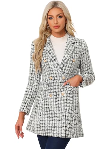 Allegra K Women's Tweed Blazers Elegant Double Breasted Long Jacket Outerwear Plaid Coat
