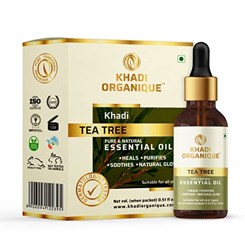 Image of Khadi Organique Tea Tree Essential Oil for Hair & Skin | Pure & Undiluted, Therapeutic Grade | Helps to Fight Acne & Scars, Controls Sebum, Stimulates Hair Growth | For Men & Women - 15 ml