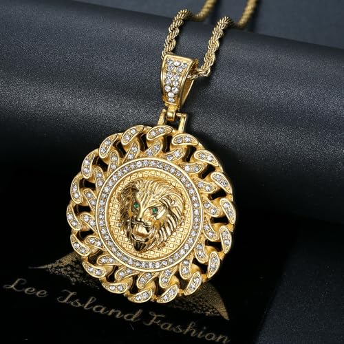 NEGS 18K Gold Plated Roaring Lion Head With Green Red Eyes Pendant Punk Rock Stainless Steel Necklace, 24 Inch Chain For Men Hip Hop Animal Jewelry-I'm the King2