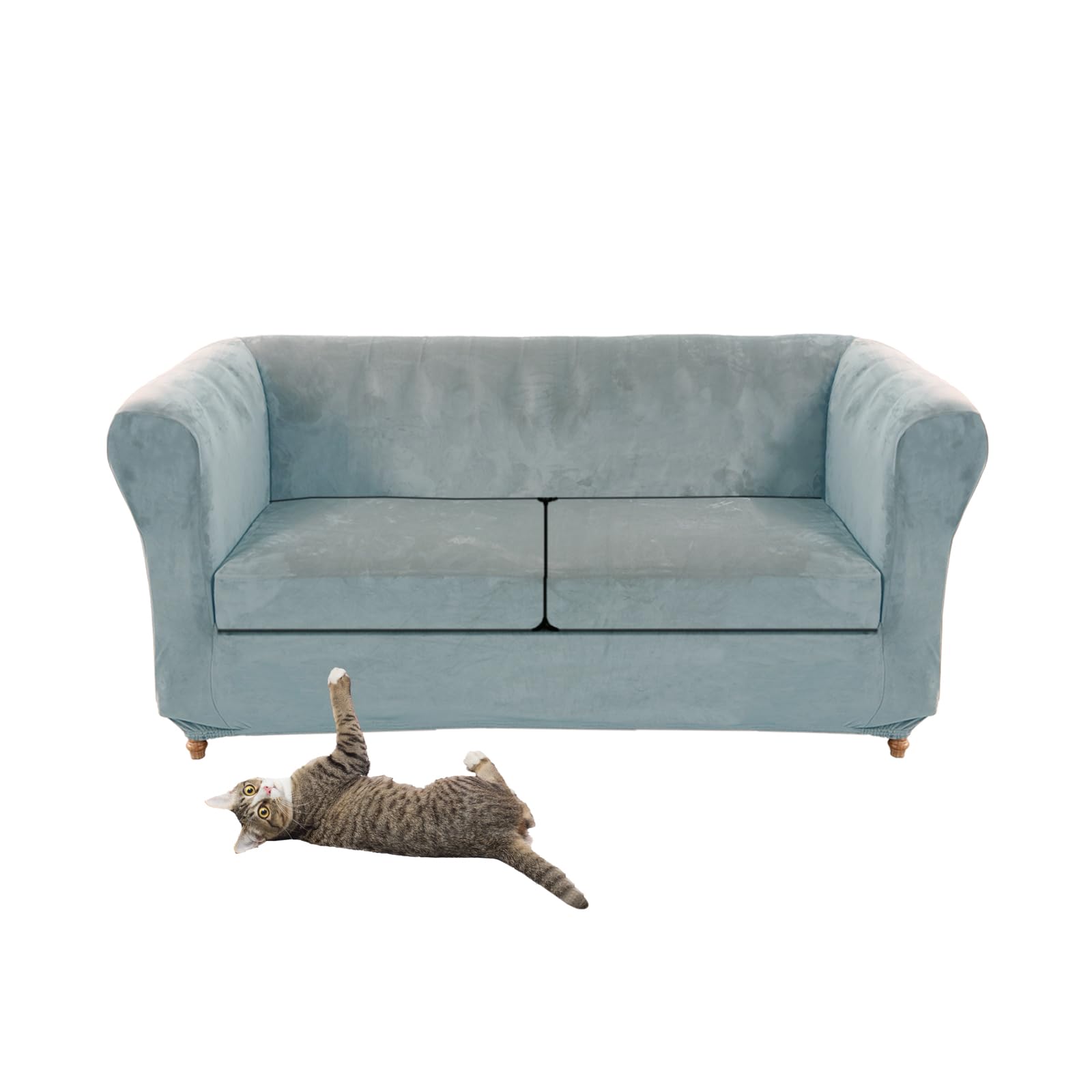 SYLC Stretch Velvet Chesterfield Sofa Cover, Couch Cover with Seat Cushion Cover for Curved Settee Armchair Vintage Style (Light blue,Love+2 Large Seats)