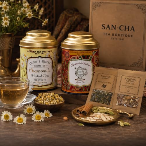 Image of Sancha Tea Boutique, Tea Combo Pack, Chamomile Flower (50g) & Kashmiri Kahwa Teas (75g), Loose Leaves, Real Kahwah & Caffeine Free Herbal Tisane