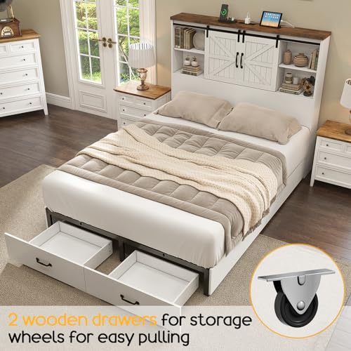 HOWE Queen Size Wood Platform Bed Frame with 51.2\" Bookcase Headboard, Storage Bed with Sliding Barn Door Charging Station 2 Drawers, No Box Spring Needed/Farmhouse/White