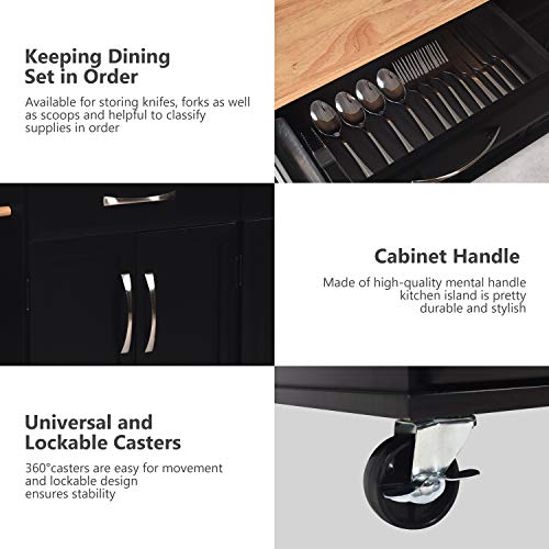 N / A Kitchen Island Cart Rolling Storage Trolley Cart Kitchen Island on Wheels with Storage, Cabinet, Towel Rack Lockable Wheels, Handle Rack Rubber Wood Top Black 48.2L x 18.5W x 35.4H