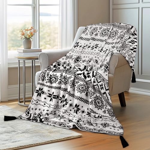 MACEVIA Flannel Boho Blanket for Couch, Country Western Aztec Printed Throw with Tassel, Soft Cozy Bohemian Blanket for Home Decor (Black and White, 50x60inches)