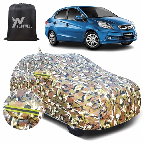 Image of Car Body Cover for Honda Amaze (2013-2017), 100% Waterproof, Heat-Resistant with Mirror & Antenna Pockets, Soft Cotton Lining, Triple Stitched, Green Reflector (Jungle Print)